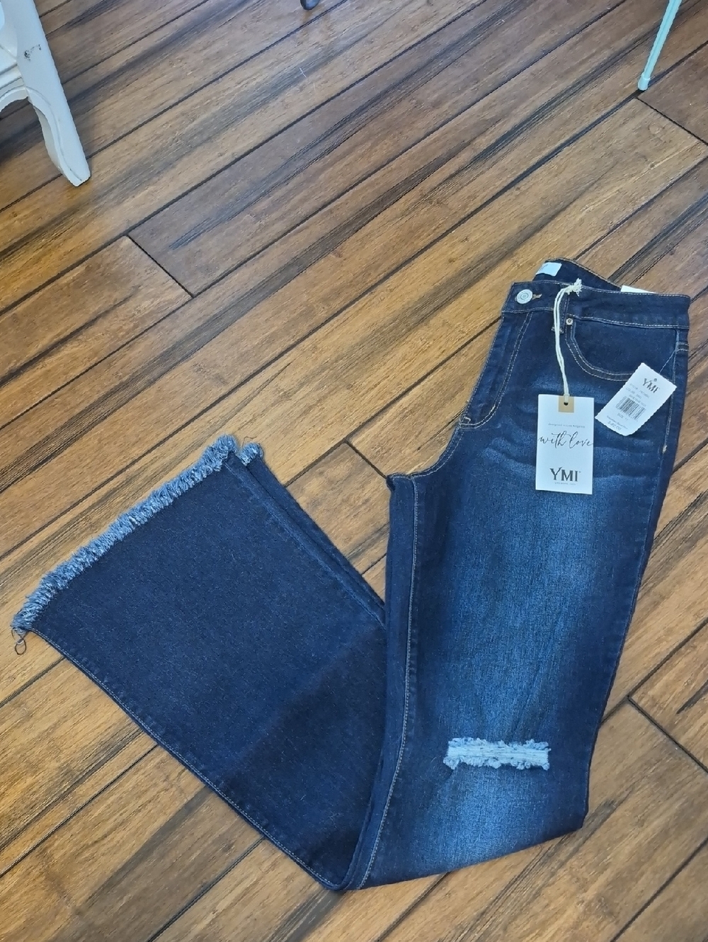 YMI Dark Blue Flare High Rise Frayed Hem Jeans